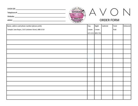 Printable Avon Order Form Templates